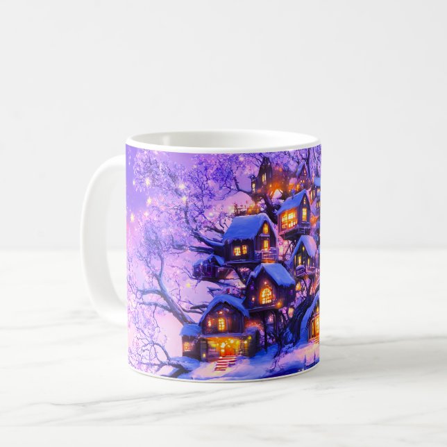 Winter Fantasy Snowy Tree Village Landscape Coffee Mug (Front Left)