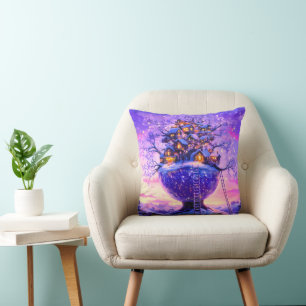 Winter Fantasy Snowy Tree Village Landscape Cushion