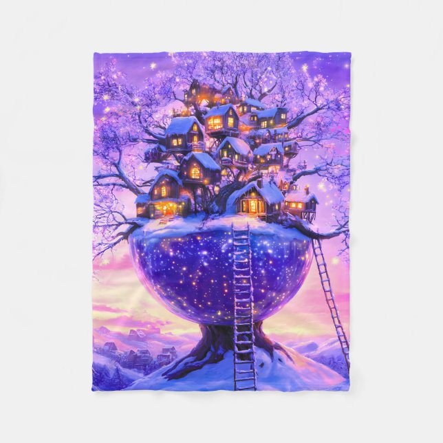 Winter Fantasy Snowy Tree Village Landscape Fleece Blanket (Front)