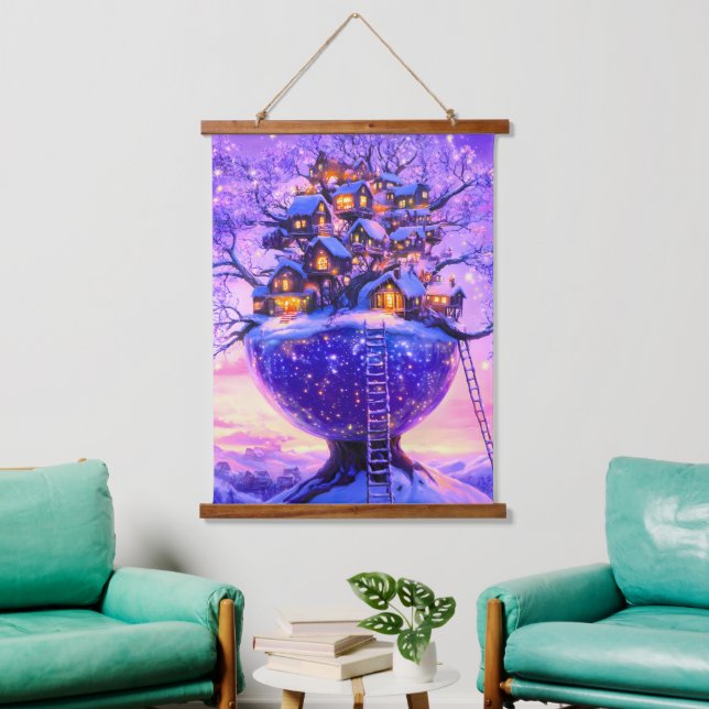 Winter Fantasy Snowy Tree Village Landscape Hanging Tapestry (Living Room)