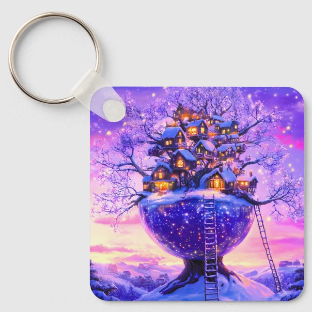 Winter Fantasy Snowy Tree Village Landscape Key Ring (Front)