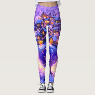 Winter Fantasy Snowy Tree Village Landscape Leggings