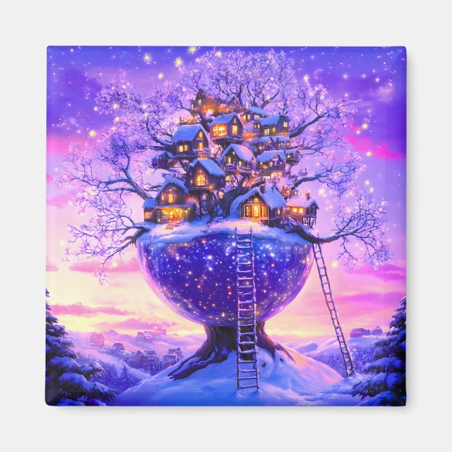 Winter Fantasy Snowy Tree Village Landscape Magnet (Front)