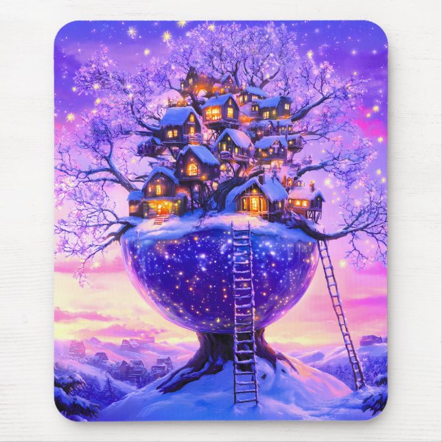 Winter Fantasy Snowy Tree Village Landscape Mouse Pad (Front)