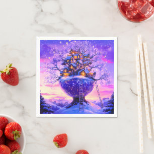 Winter Fantasy Snowy Tree Village Landscape Napkin