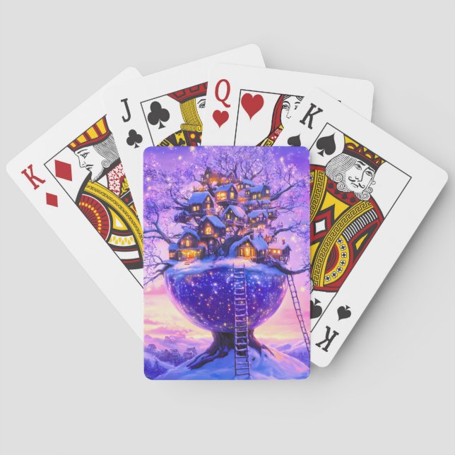 Winter Fantasy Snowy Tree Village Landscape Playing Cards (Back)
