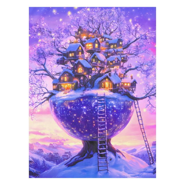 Winter Fantasy Snowy Tree Village Landscape Tablecloth (Front)