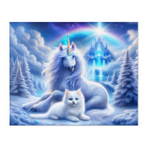 Winter Fantasy with Beautiful Unicorn and Kitten