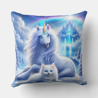 Winter Fantasy with Beautiful Unicorn and Kitten Cushion