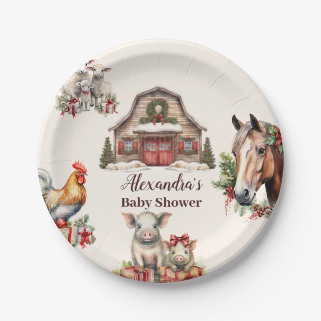 Winter Farm Animals Christmas Paper Plate (Front)