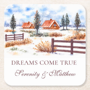 Winter Farm Barn Country Wedding Dreams Come True Square Paper Coaster