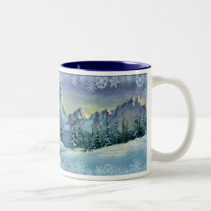 WINTER FARM & SNOWFLAKES by SHARON SHARPE Two-Tone Coffee Mug