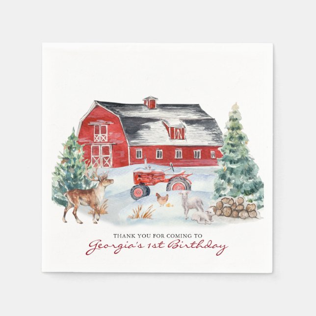 Winter Farm Theme | Barn Birthday Party Napkin (Front)