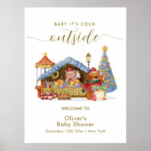 Winter Farmer Market Bear Baby Shower Welcome Poster