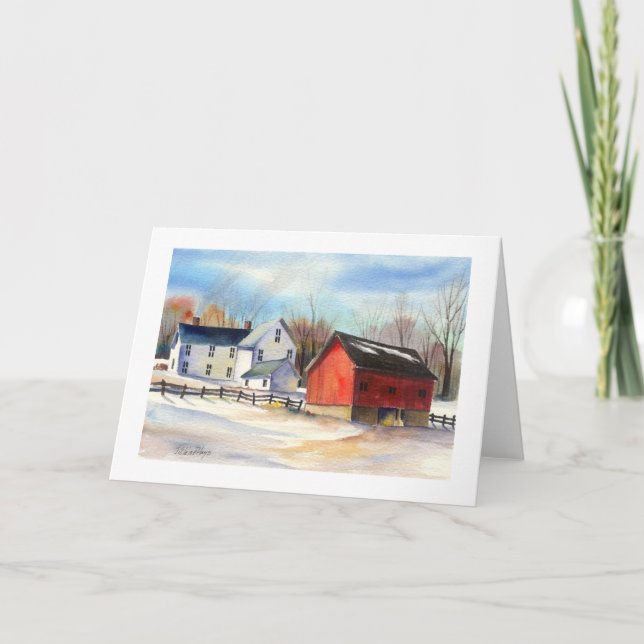 Winter Farmhouse & Red Barn Holiday Card (Front)