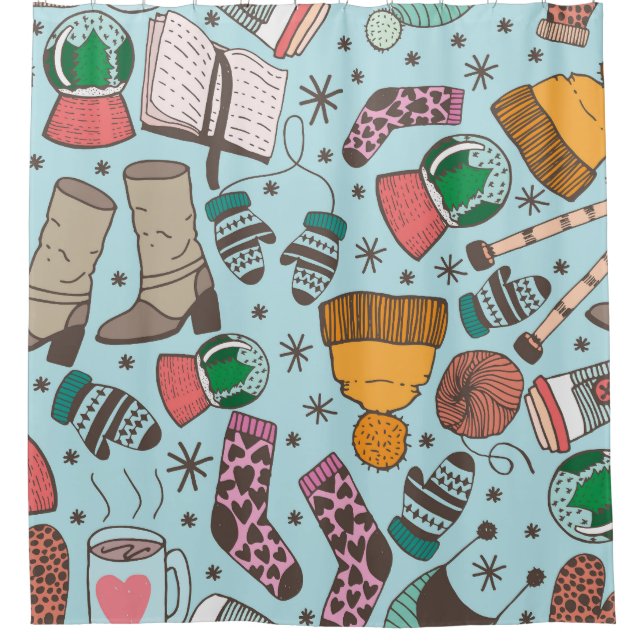 Winter Fashion Doodle Sketch Pattern Shower Curtain (Front)