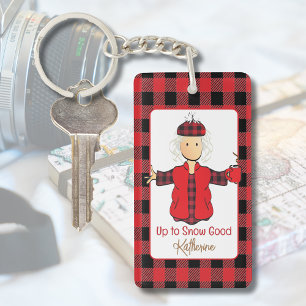 Winter Female Cartoon Funny Saying Buffalo Plaid Key Ring