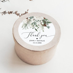 Winter festive foliage evergeen wedding classic round sticker