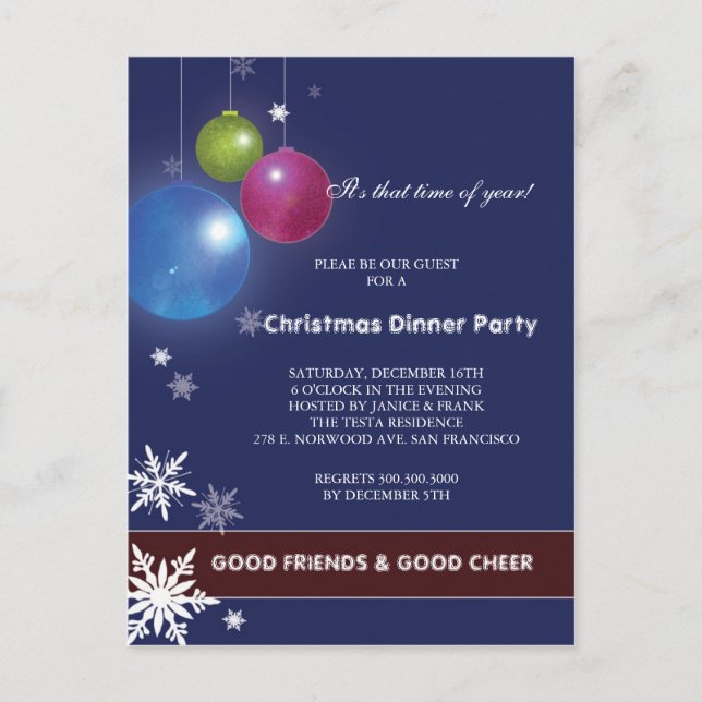 Winter Festivity Holiday Dinner Party Invitation Postcard (Front)