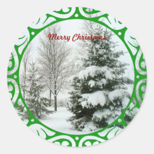 Winter Fir Trees, Merry Christmas Classic Round Sticker