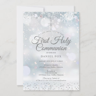 Winter First Holy Communion Silver Confetti Invita Invitation