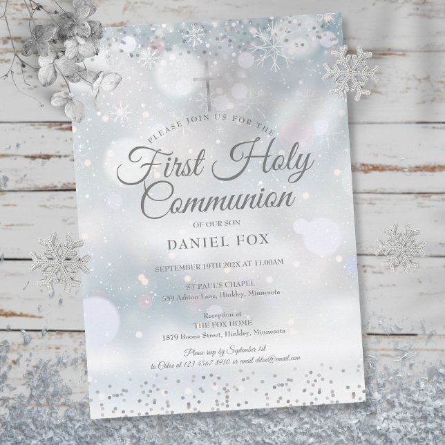 Winter First Holy Communion Silver Confetti Invitation (Creator Uploaded)