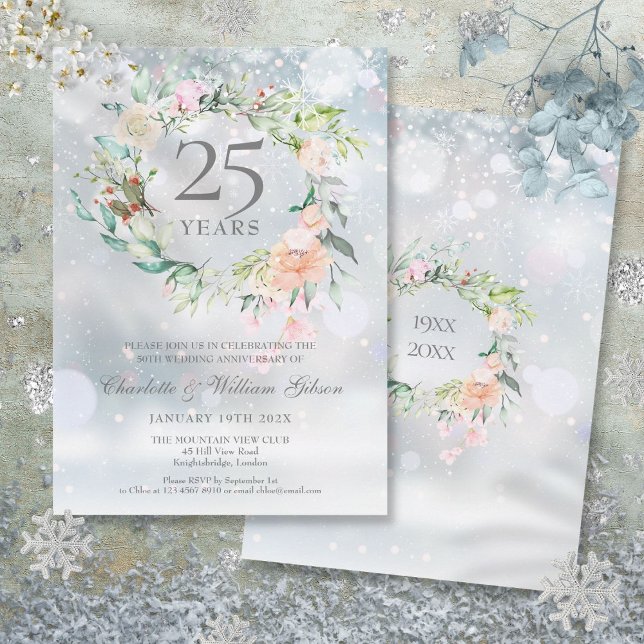 Winter Floral 25th Silver Wedding Anniversary Invitation (Winter Floral 25th Silver Wedding Anniversary Invitation)