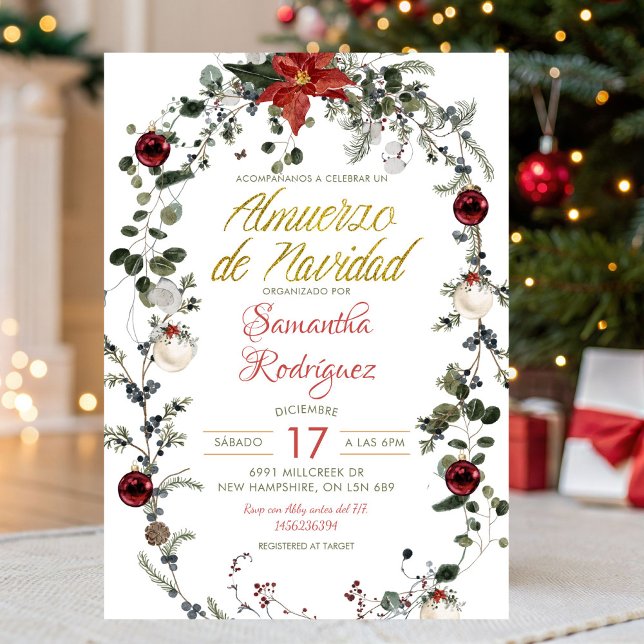 Winter Floral Almuerzo De Navidad Christmas Lunch Invitation (Creator Uploaded)