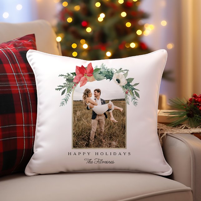 Winter Floral Arch Happy Holidays Photo Cushion (Winter Floral Arch Happy Holidays Photo Throw Pillow)