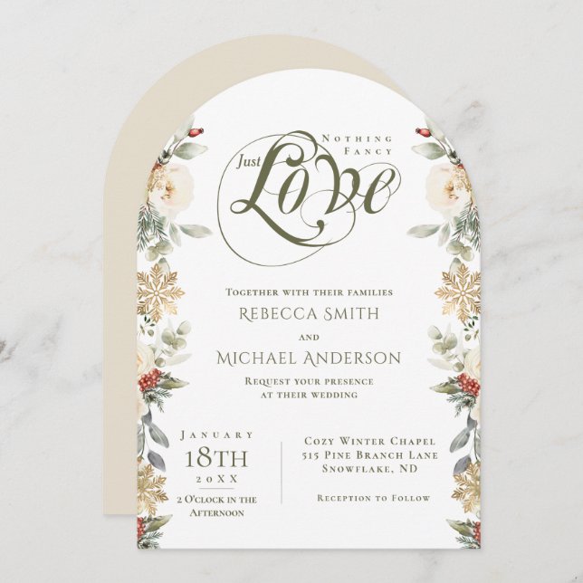 Winter Floral Arch Nothing Fancy Just Love Wedding Invitation (Front/Back)