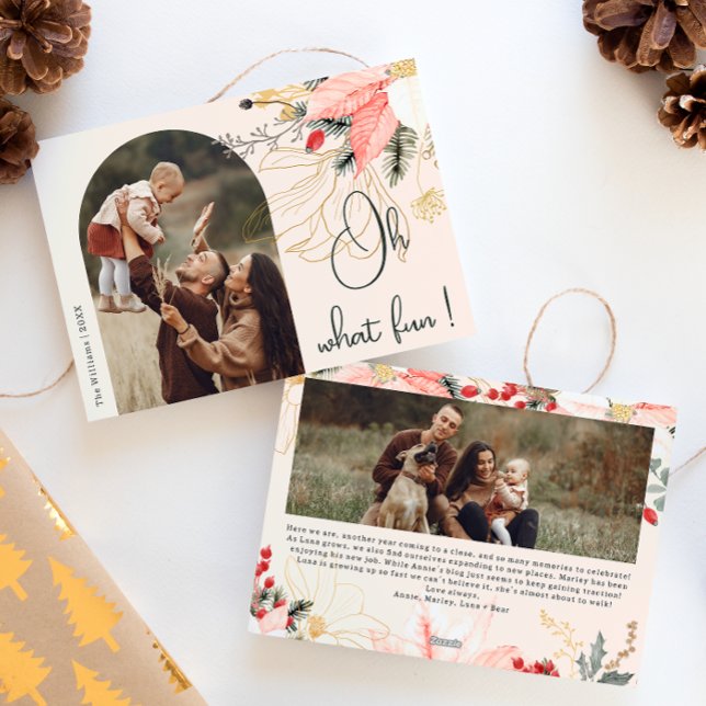 Winter Floral Arch Pink Oh What fun Two Photo Holiday Card (Creator Uploaded)