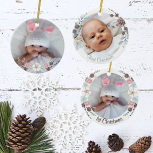 Winter Floral Baby's First Christmas Photo Ceramic Tree Decoration