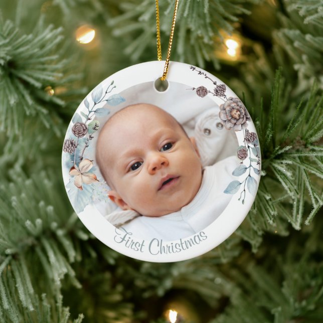 Winter Floral Baby's First Christmas Photo Ceramic Tree Decoration (Tree)