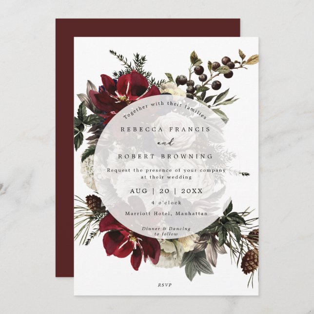 winter floral berry modern wedding invitation (Front/Back)