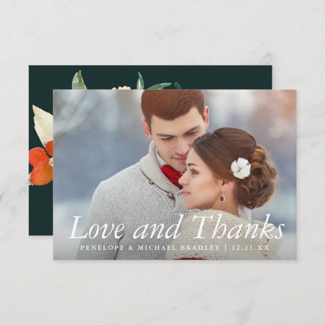 Winter Floral Bouquet Wedding Photo Thank You Card (Front/Back)