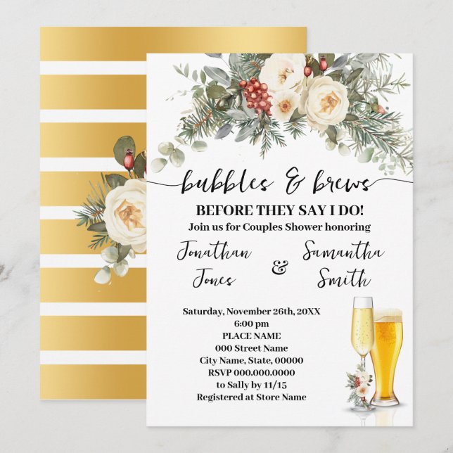 Winter Floral Bubbles & Brews Shower Invitation (Front/Back)