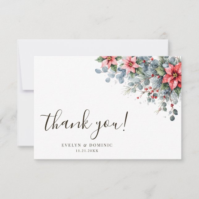 Winter Floral Christmas Holiday Wedding Thank You Card (Front)