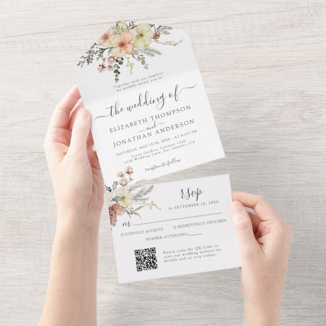 Winter Floral Christmas QR RSVP Woodland Wedding All In One Invitation (Tearaway)