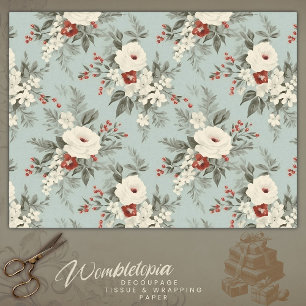 Winter Floral Elegance, White & Red on Grey Tissue Paper