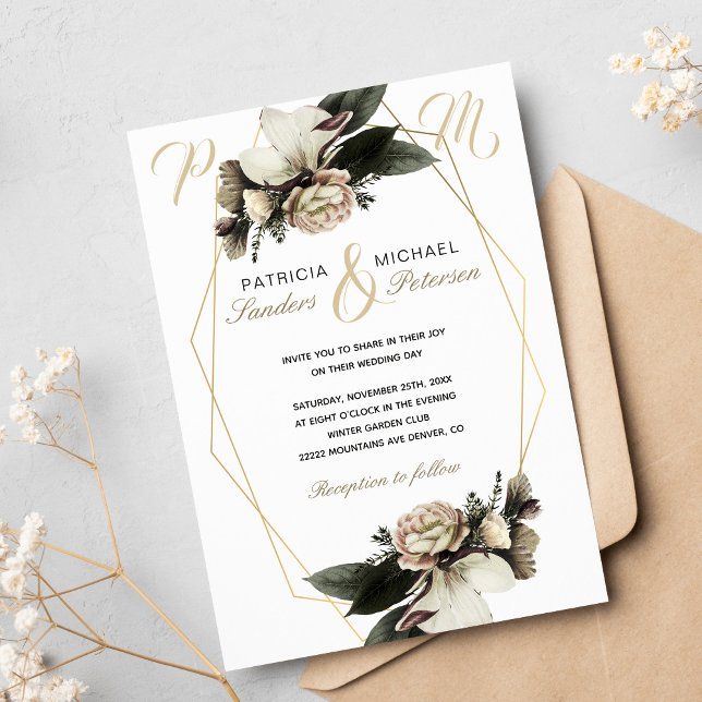 Winter floral elegant gold geometric wedding invitation (Creator Uploaded)