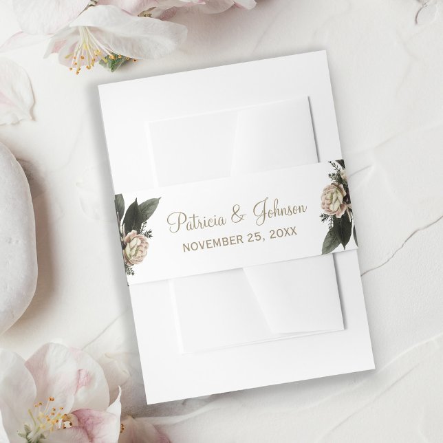 Winter floral elegant gold ivory wedding invitation belly band (Creator Uploaded)