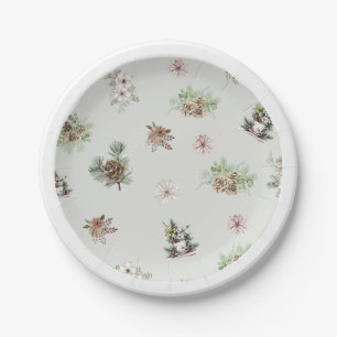 Winter Floral Elegant Green Rustic Baby Shower Paper Plate