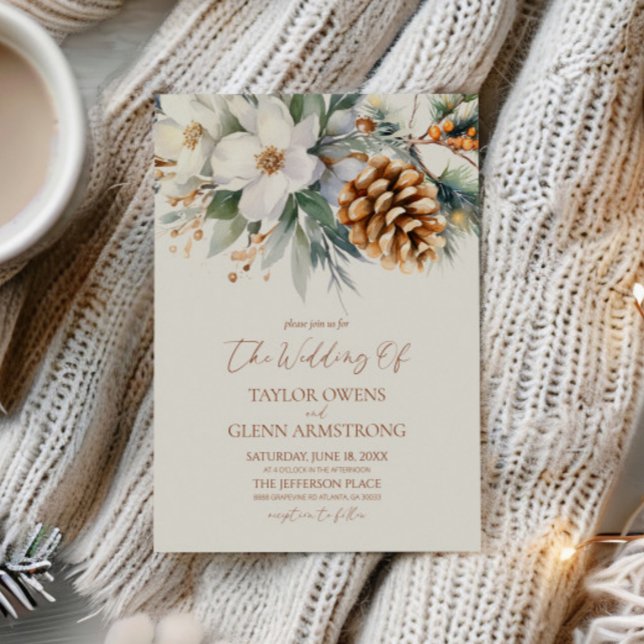 Winter Floral Flowers Pine Tree Cone Wedding Invitation (Creator Uploaded)