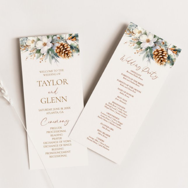 Winter Floral Flowers Pine Tree Cone Wedding Programme (Creator Uploaded)