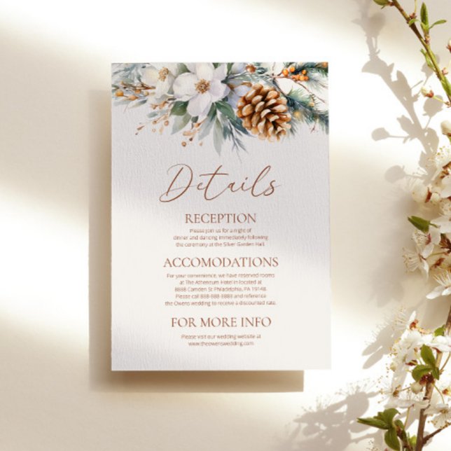 Winter Floral Flowers Pine Tree Wedding Details Enclosure Card (Creator Uploaded)