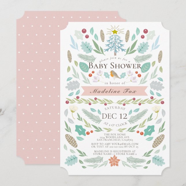Winter Floral Foliage Holiday Pink Baby Shower Invitation (Front/Back)