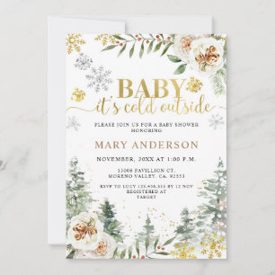 Winter Floral Forest It's Cold Outside Baby Shower Invitation