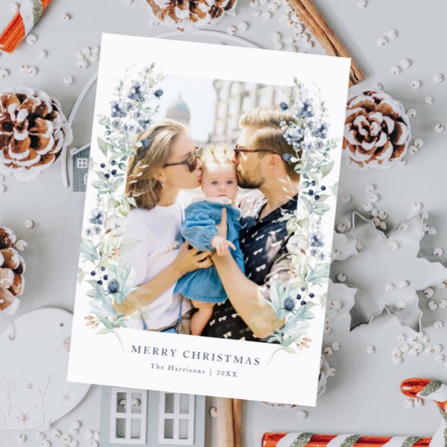 Winter Floral Frame Dusty Blue Photo Holiday Card (Creator Uploaded)