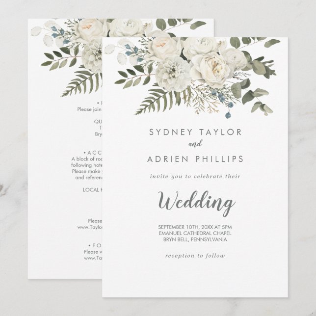 Winter Floral Front and Back Wedding Invitation (Front/Back)