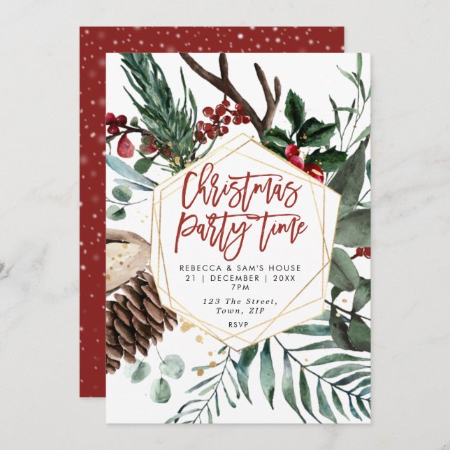 winter floral geometric Christmas party invitation (Front/Back)